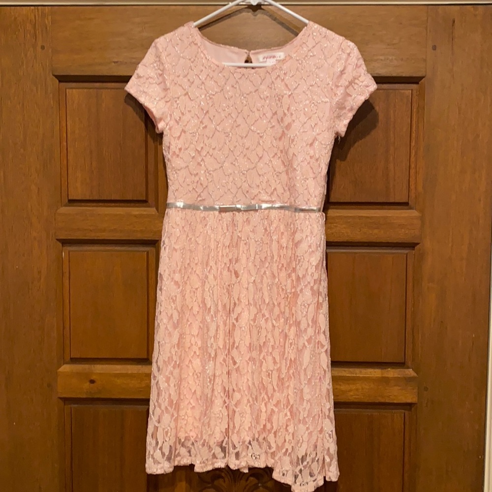 Girls Pink dress with silver floral lace overlay